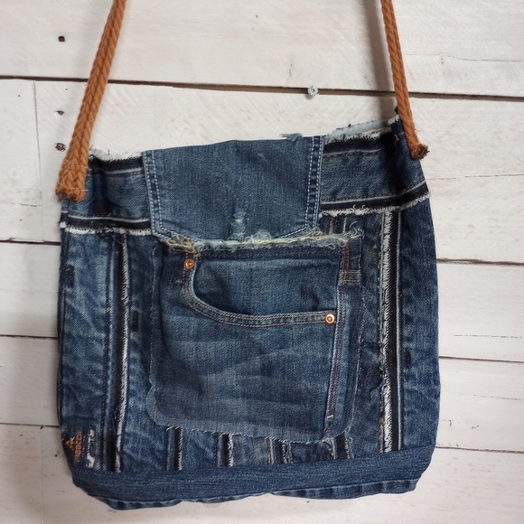 Handcrafted Handbags - Women's Purse Handbag in Recycled Jeans and Fabric, Inside Lining.